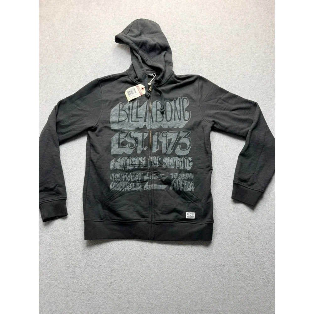 Billabong Mens Full Zip Graphic Hoodie Black Surf Est 1973 Sweatshirt Medium
